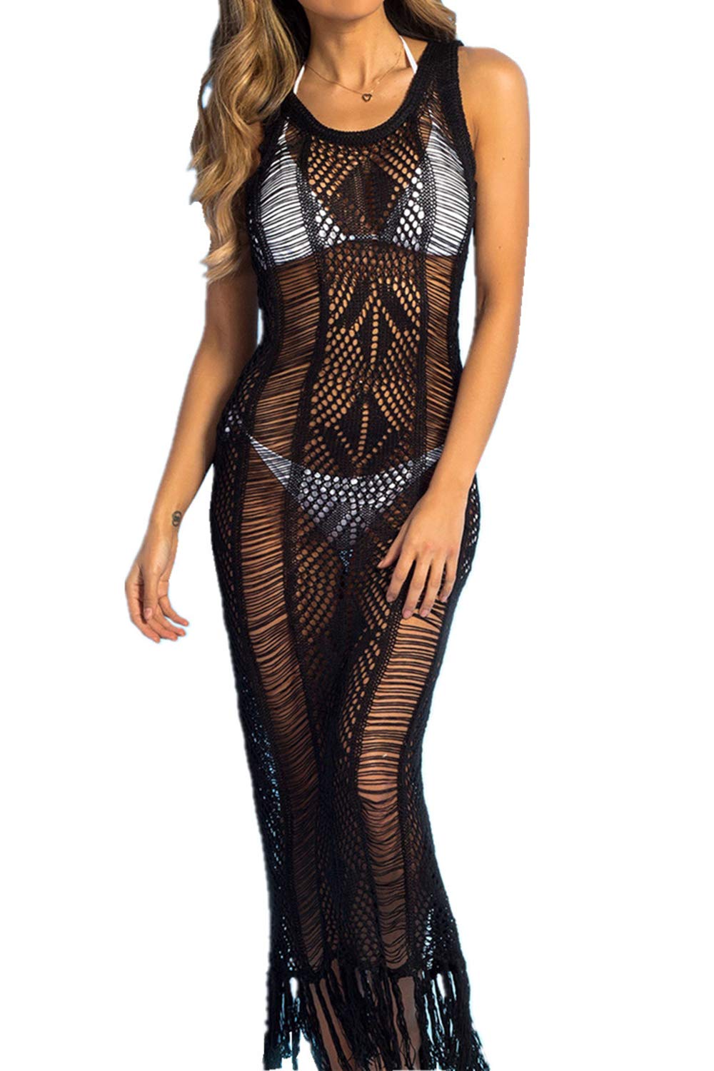 YouKD Women's Crochet Tunic Tops Loungewear Dress Beach Cover Up Robes B Black
