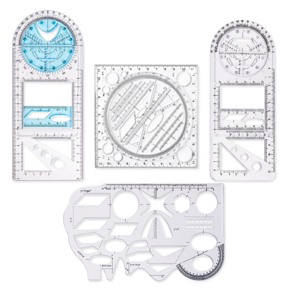 4 Pack Multifunctional Geometric Ruler, Mathematics Measuring Tool Draft Rulers Set, Rotatable Circular Drawing Template Ruler for Student Studying Designing Office Supplies (4 Styles)