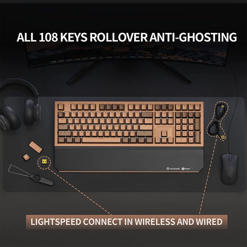 Hexgears X5 Mechanical Gaming Keyboard 108 Keys, Kailh Box Rose Red Switch Wired/Wireless 2.4G Dual Mode with White LED Backlit and Ergonomic Wrist Rest