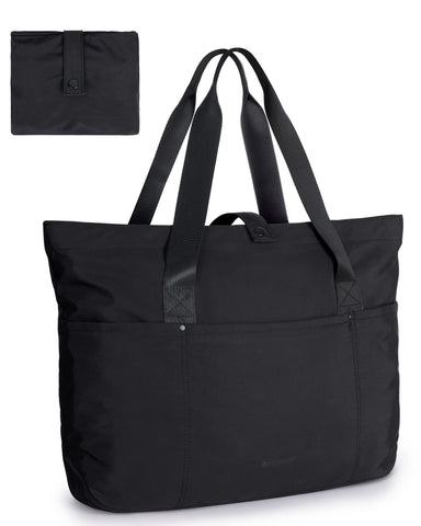 bagsmart Tote Bag for Women, Foldable Tote Bag, Handbags & Shoulder Bags with Zipper for Travel, Beach, Gym, Work, School,(Black)