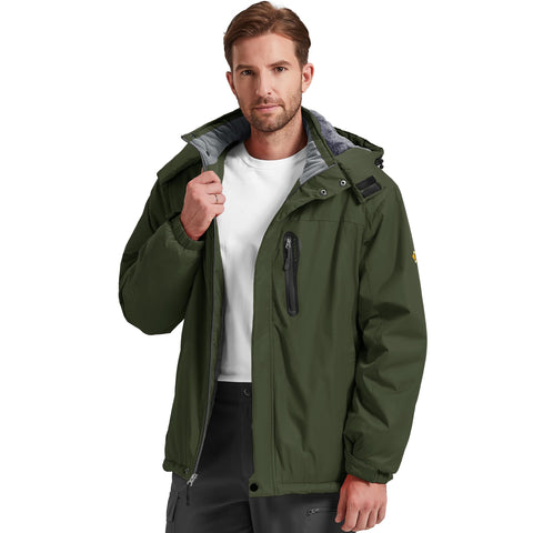 Kugnala Men's Winter Skiing Jacket Waterproof Warm Snow Fleece LiningCoat Mountain Hooded Windproof Rain Jacket S-4XL, Green, Large