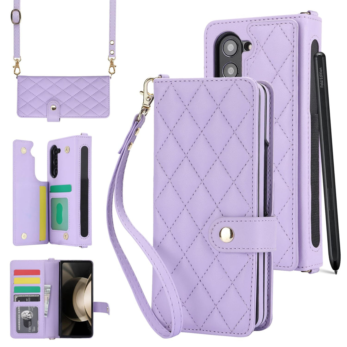 XIMAND for Samsung Galaxy Z Fold 5 Wallet Case with 6 Credit Card Slots and S-Pen Slot, RFID Blocking, Adjustable Strap, Multi Card Function Premium Leather Magnetic Clasp Kickstand Cover.(Purple)