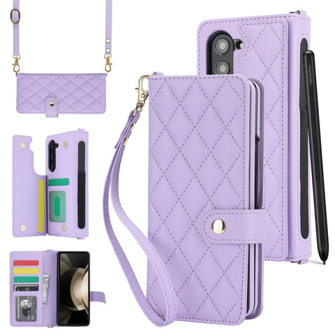 XIMAND for Samsung Galaxy Z Fold 5 Wallet Case with 6 Credit Card Slots and S-Pen Slot, RFID Blocking, Adjustable Strap, Multi Card Function Premium Leather Magnetic Clasp Kickstand Cover.(Purple)