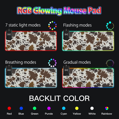 Cow Skin Print Wireless Charging Mouse Pad for Mobile Phone Extra Large Gaming Mousepad with 13 Lighting Modes Computer Mat for Gaming MacBook PC Laptop Desk Home Office