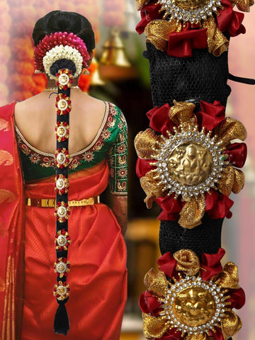 Samyuktha Jadai Hair Pin Wedding Bridal False Hair Choti Jada Billalu Set Hair Ornaments Full Moon Temple jewellery Ready Jada Billalu Bharatanatyam Kuchipudi Classical Dance Jewelry (Red)