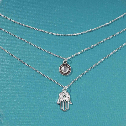 Yheakne Boho Layered Opal Moonstone Necklace Silver Hamsa Pendant Necklace Futian Hand Necklace Chain Opalite Gem Necklace Jewelry for Women and Girls