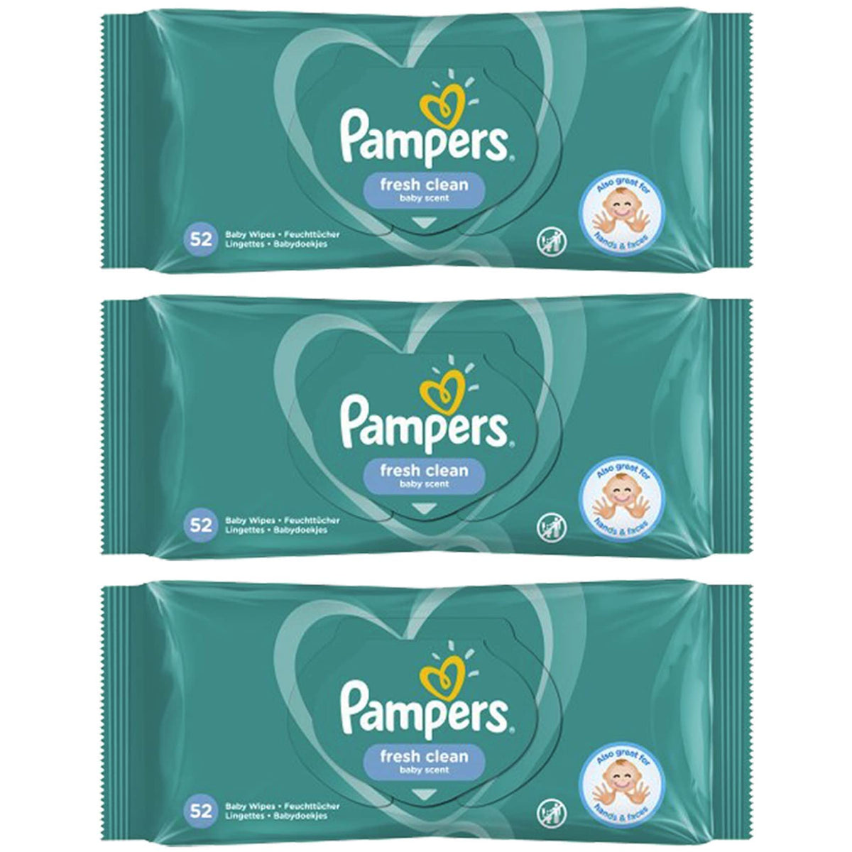 156-624 x Baby Wet Wipes PAMPERS Sensitive Soft Gentle Fresh Babies No Fragrance Unscented Newborn Nappy (3X Fresh Clean PAMPERS Packs (156 Wipes)