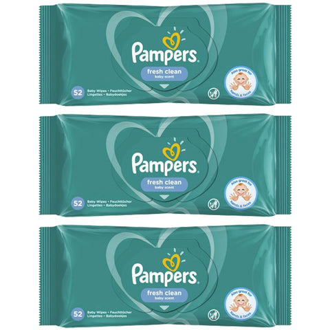 156-624 x Baby Wet Wipes PAMPERS Sensitive Soft Gentle Fresh Babies No Fragrance Unscented Newborn Nappy (3X Fresh Clean PAMPERS Packs (156 Wipes)