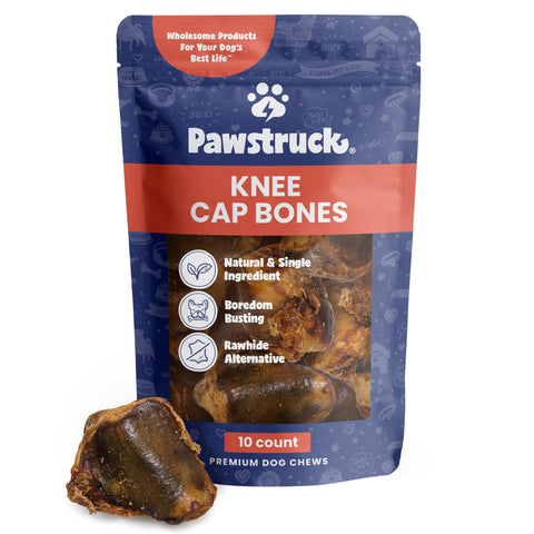Pawstruck Natural Knee Cap Dog Bones - Treats for Aggressive Chewers, Low Fat and High Protein Chews, Beef Flavor, Long Lasting and Calming Rawhide Alternatives - 10 Pack - Packaging May Vary