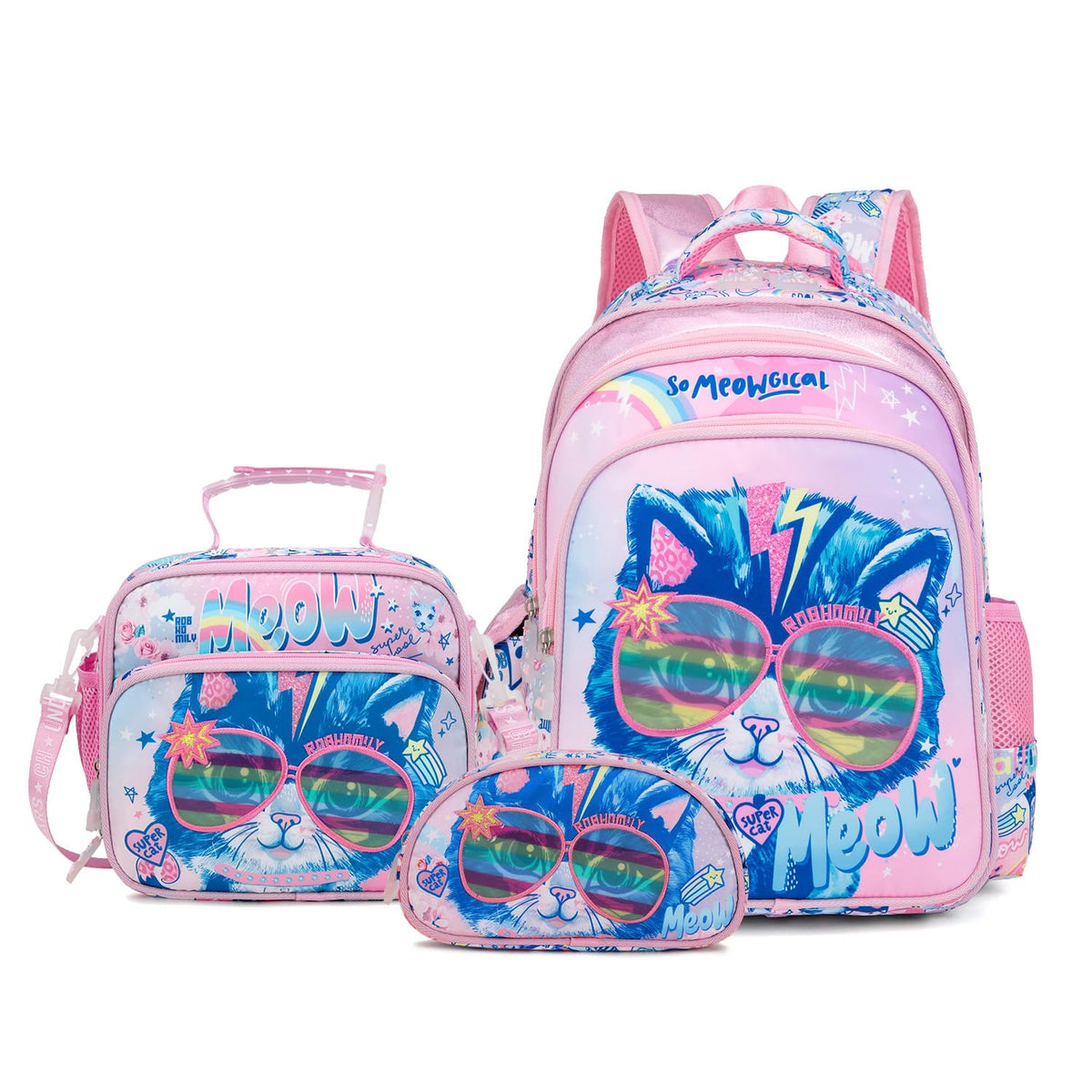 Robhomily Girls Backpack with Lunch Box for Elementary School Preschool Kindergarten,16 Inch Cute Cat Kids Backpack with Lunch Bags Sets for Girls,Pink School Backpack