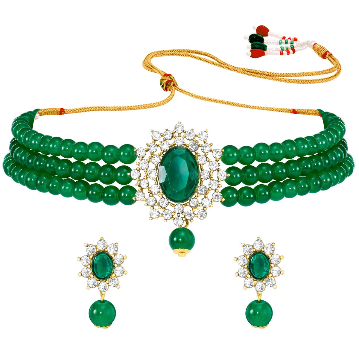 Aheli Gold Plated Green Kundan Beads Studded Choker Necklace & Drop Earrings Set Ethnic Traditional Jewelry Gift for Women