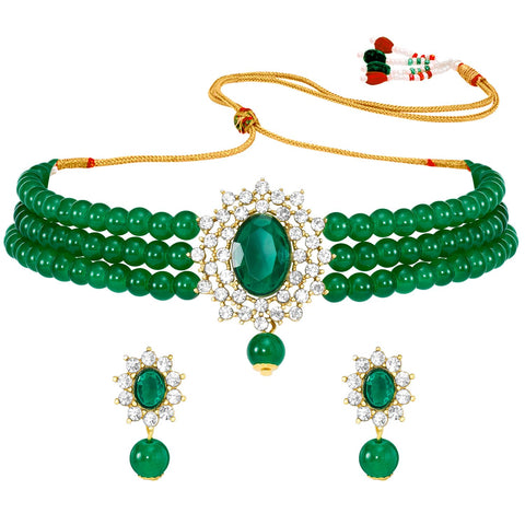 Aheli Gold Plated Green Kundan Beads Studded Choker Necklace & Drop Earrings Set Ethnic Traditional Jewelry Gift for Women