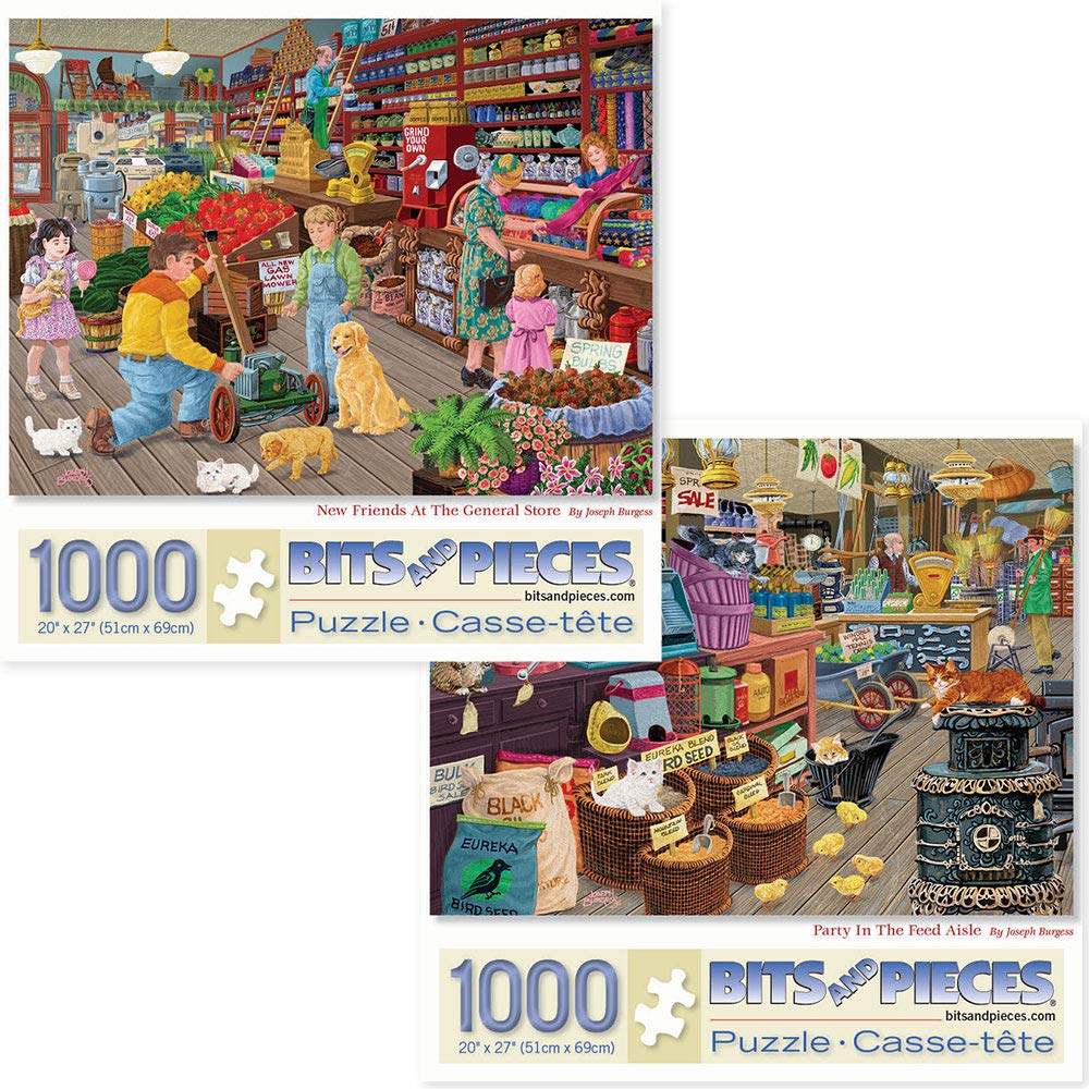Bits and Pieces - Value Set of Two (2) 1000 Piece Jigsaw Puzzles for Adults - Each Puzzle Measures 20" x 27" - New Friends at The General Store, Party in The Feed Aisle by Artist Joseph Burgess