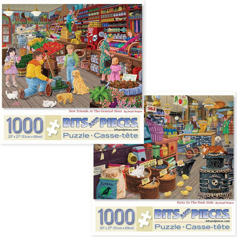 Bits and Pieces - Value Set of Two (2) 1000 Piece Jigsaw Puzzles for Adults - Each Puzzle Measures 20" x 27" - New Friends at The General Store, Party in The Feed Aisle by Artist Joseph Burgess