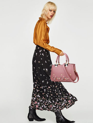 NICOLE&DORIS Women Flowers Top Handle Handbags Shoulder Bag Crossbody Bag Tote Ladies Satchel PU Leather Pink