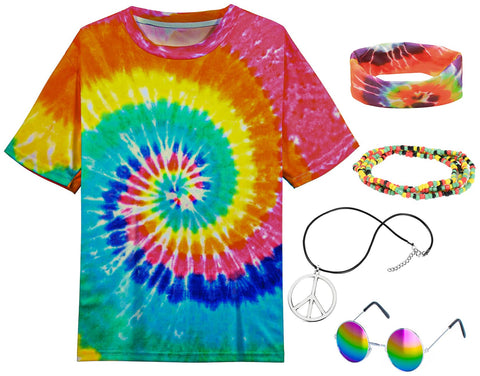 Hippie Costume for Men Momen 60s 70s Multicolor T-Shirt 5 PCS Accessories set for Theme Party XX-Large