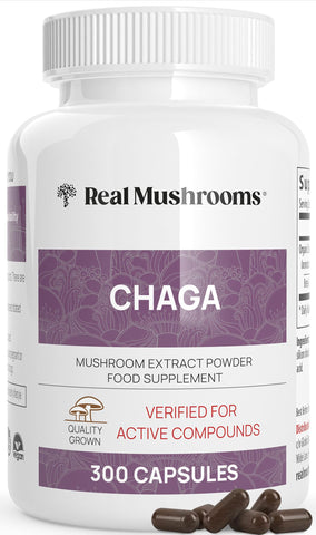 Real Mushrooms Chaga Capsules - Organic Mushroom Supplement with Chaga Extract - Chaga Mushroom Powder for Digestion, Energy, & Immune Support - Vegan Mushroom Extract, Non-GMO, 300 Caps