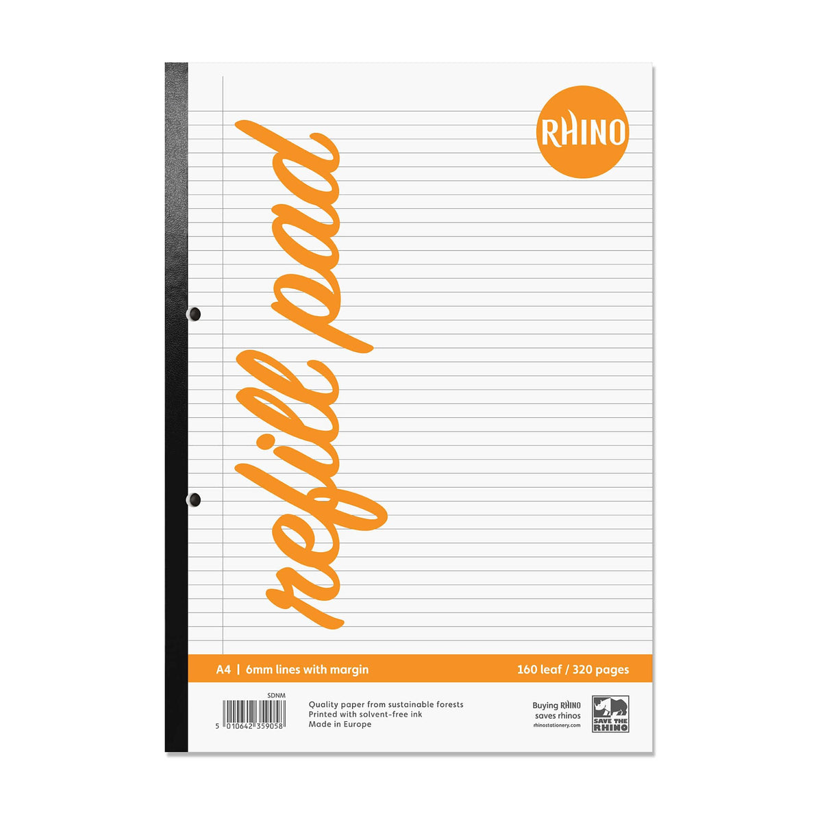 RHINO A4 Refill Pad, Writing Pad, 320 Page / 6mm Lined with Margin, 1 Pack, White Hole Punched Side Binding Writing Paper, Office & School Stationery Supplies