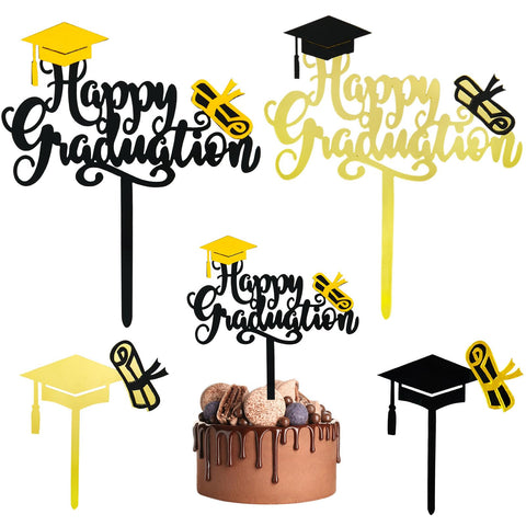 16 Pcs Happy Graduation Cupcake Toppers, Acrylic Mirror Reflective Cake Cupcake Toppers 2024 Gold Black Congrats Grad Cap Diploma Cupcake Picks Supplies for Graduation Theme Party Cake Decorations