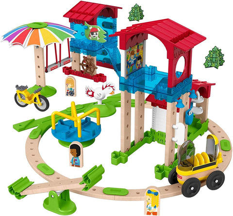 Fisher-Price Wonder Makers Slide & Ride Schoolyard - 75+ Piece Building and Wooden Track Play Set for Ages 3 Years & Up