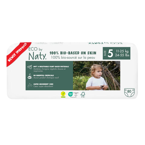 Eco by Naty Eco-Friendly Baby Nappies - 100% Plant-Based Materials on Skin, Soft, for Sensitive Skin & Super Absorbent (Size 5, 80 Count)
