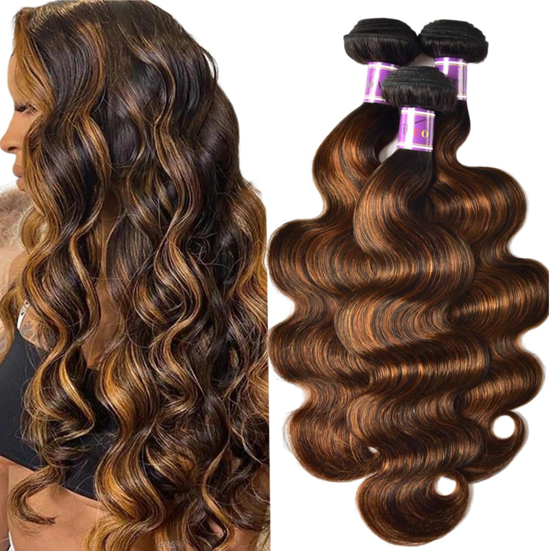 UNice Brown Highlight Body Wave Human Hair Weave 3 Bundles 8 10 12 inch, Brazilian Remy Hair Ombre Blonde Human Hair Wavy Weaves Sew in Piano Color TFB30