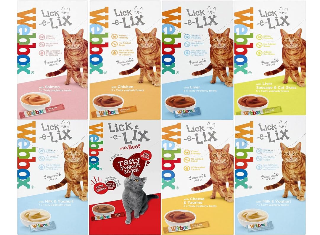 Webbox Lick-e-Lix Mixed Variety Pack - Chicken, Salmon, Cat Grass, Liver, Beef, Cheese, Milk & Yoghurt [PACK OF 8] + Howsehold Tote Bag