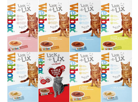 Webbox Lick-e-Lix Mixed Variety Pack - Chicken, Salmon, Cat Grass, Liver, Beef, Cheese, Milk & Yoghurt [PACK OF 8] + Howsehold Tote Bag