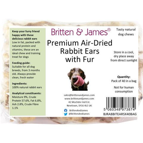 Britten and James 40 Airdried Rabbit Ears with Hair for Dogs. Natural Healthy and Tasty Dog Treat Chews in a bag. Refill bag for B09NYGM5G9