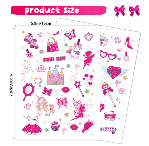 Konsait 96pcs Glitter Pink Temporary Tattoos for Kids Girls Tattoos Temporary for birthday party -Waterproof Fairy Princess Tattoos for Birthday Party Favors
