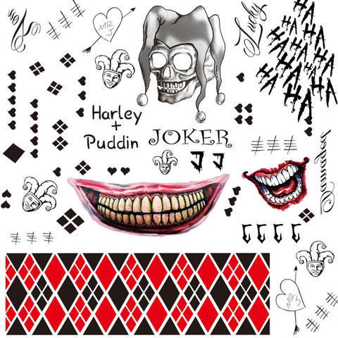 2 Sheets Harley Quinn Temporary Tattoos for Women Men Adults,Suicide Squad Joker Tattoos Perfect for Halloween Cosplay Costumes Masquerade Party Makeup Accessories,Large Size 11.8''x8.3''