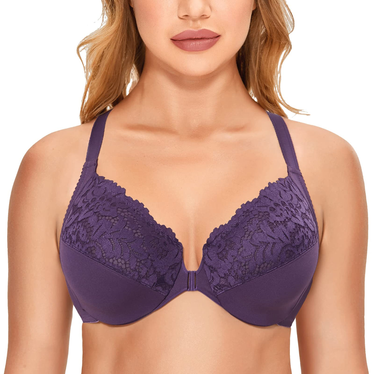 DELIMIRA Women's Front Closure Plus Size Full Coverage Lace Underwire Racerback Bra Deep Plum 38F