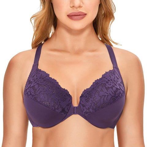 DELIMIRA Women's Front Closure Plus Size Full Coverage Lace Underwire Racerback Bra Deep Plum 38F