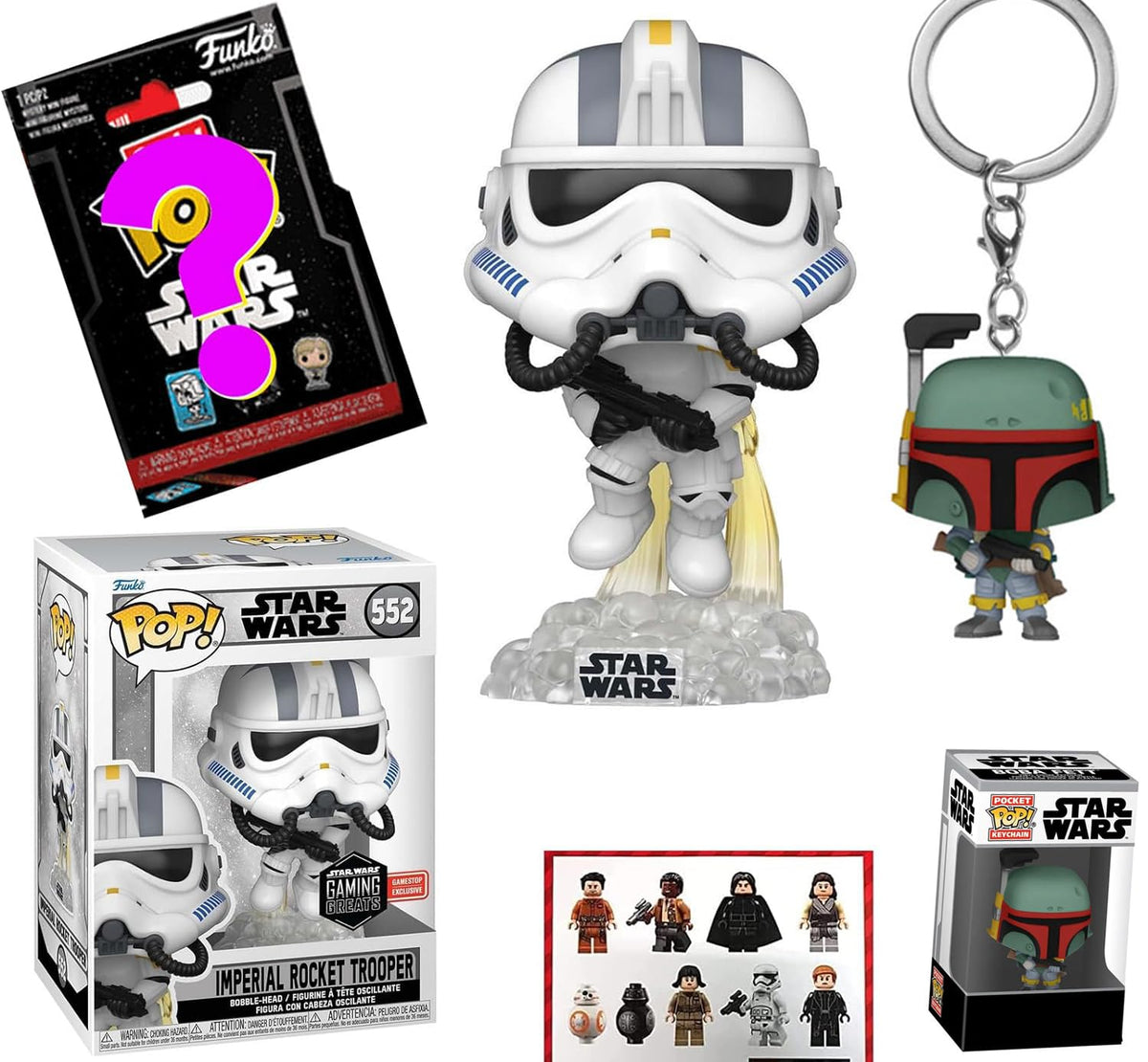 Rocket Storm Trooper Exclusive Star Wars Pop! Figure Bundled with Boba Fett Bounty Hunter Pocket Hanger + Bitty Blind Bag Character & Jedi Stickrs 3 Items