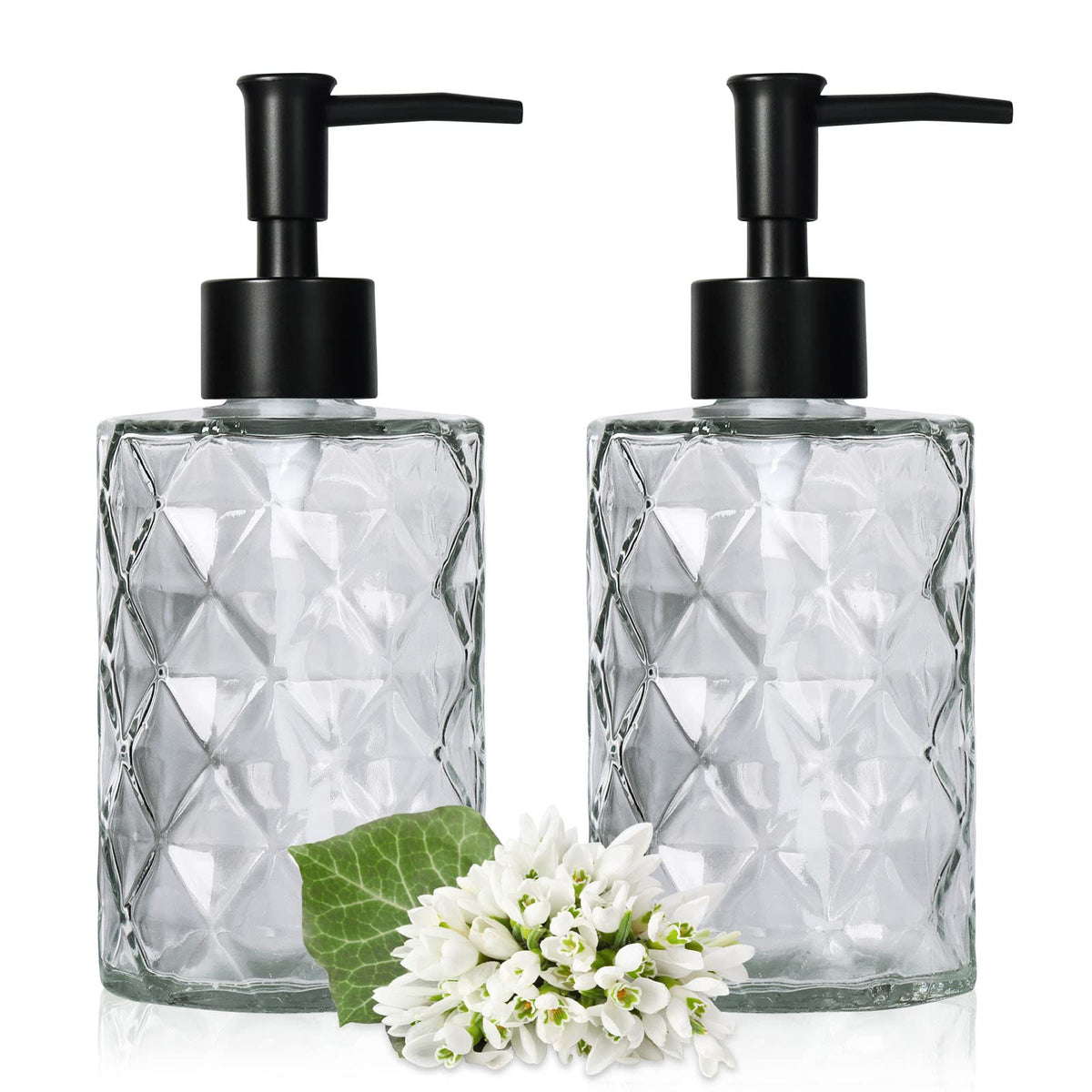 YTDTKJ Glass Soap Dispenser Set, 2 Pack, 11 Oz., Clear with Black Pump, Premium Thick Glass, Refillable, Multi-Functional Bottle Dispenser