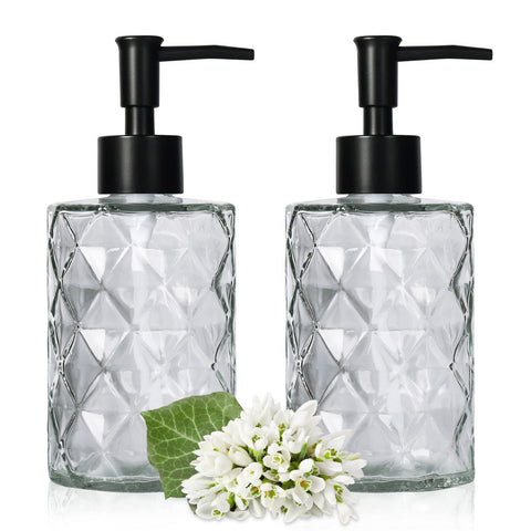 YTDTKJ Glass Soap Dispenser Set, 2 Pack, 11 Oz., Clear with Black Pump, Premium Thick Glass, Refillable, Multi-Functional Bottle Dispenser