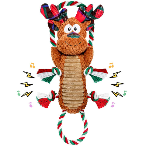 CHAWONER Christmas Squeaky Dog Toys, Dog Plush Rope Toys for Chewers, Durable Tug of War Interactive Dog Toys for Puppies, Small, Medium, and Large Dogs,Cute Reindeer,Christmas Dog Presents
