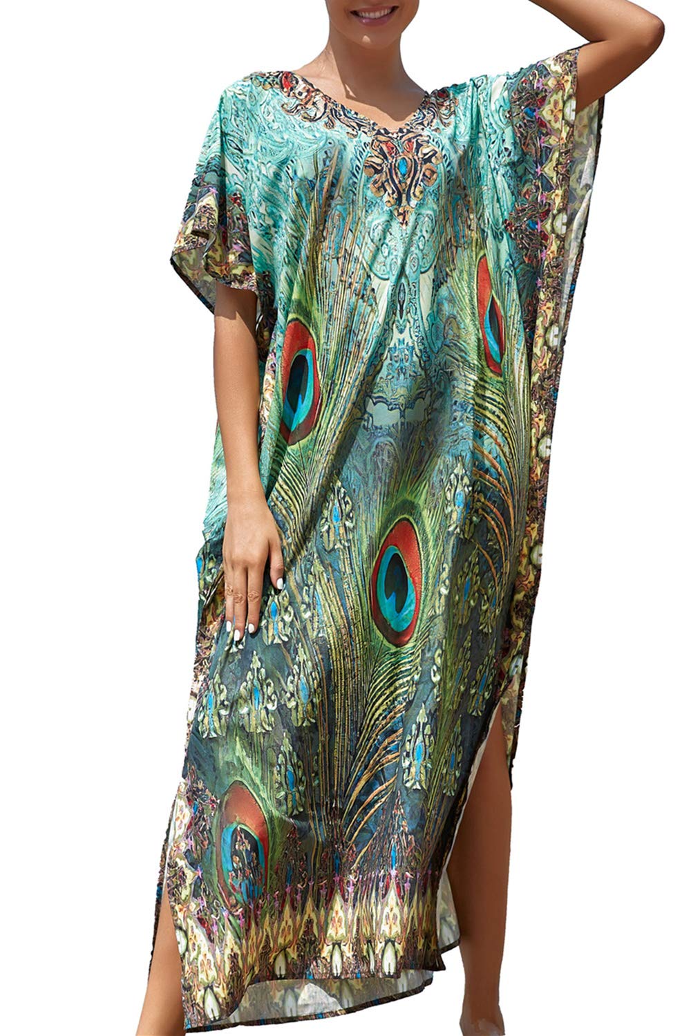 YouKD Print Floral Kaftan Boho Beach Bikini Cover Up Robe Plus Size Loungewear for Women