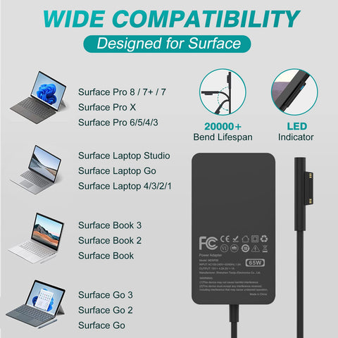 65W Laptop Charger for Microsoft Surface 9, 8, 7+, 7, 6, 5, 4, 3, X, Windows Surface Laptop 5, 4, 3, 2, 1 Studio, Surface Go Tablet, Surface Book 3, 2, 1, Support 44W, 36W, LED, 10FT