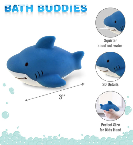 DolliBu Shark Bath Buddy Squirter - Floating Blue Shark Rubber Bath Toy, Fun Water Squirting Bathtime Play for Toddlers, Cute Toy for The Bathtub, Beach, & Pool