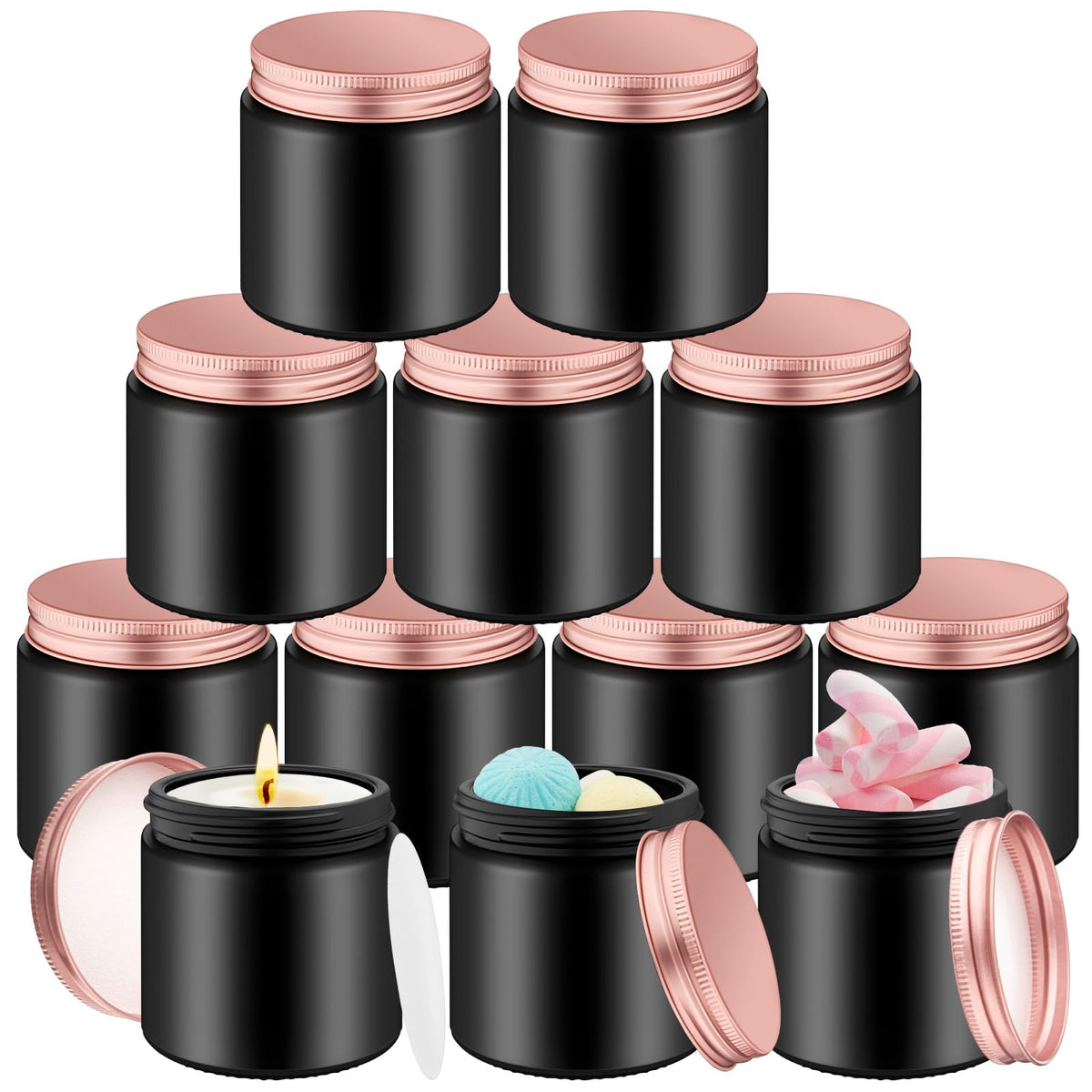 Tioncy 12 Pcs 4oz Empty Cosmetic Container Glass Candles Jars with Rose Gold Lids 100ml Round Small Candle Making Jars Mason Canning Jar for Sample Powder Liquid Camping Travel Storage(Black)