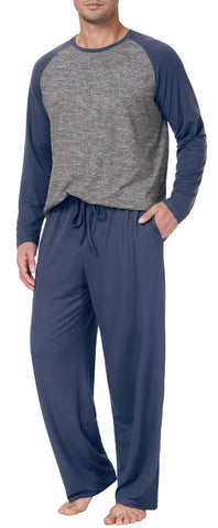 PrinStory Mens Pyjamas Set Lightweight Mens Nightwear Soft Long Sleeves T-Shirt Long Bottoms Pjs Breathable Lounge Set Sleepwear Gifts For Men (Navy Blue, L)