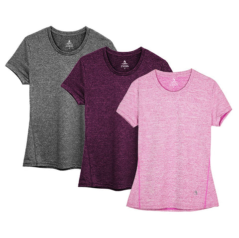 icyzone Workout Running Tshirts for Women - Fitness Athletic Yoga Tops Exercise Gym Shirts (Pack of 3) (L, Charcoal/Red Bud/Pink)