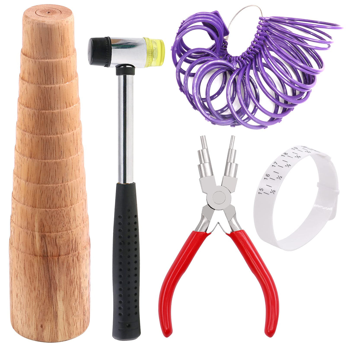 Glarks 5Pcs Jewelry Tool Sets Including Wooden Bracelet Sizing Bangle Mandrel, Jewelry Hammer, Jewelry Making Plier, Ring Sizer Guage for Jewelry Making Crafts