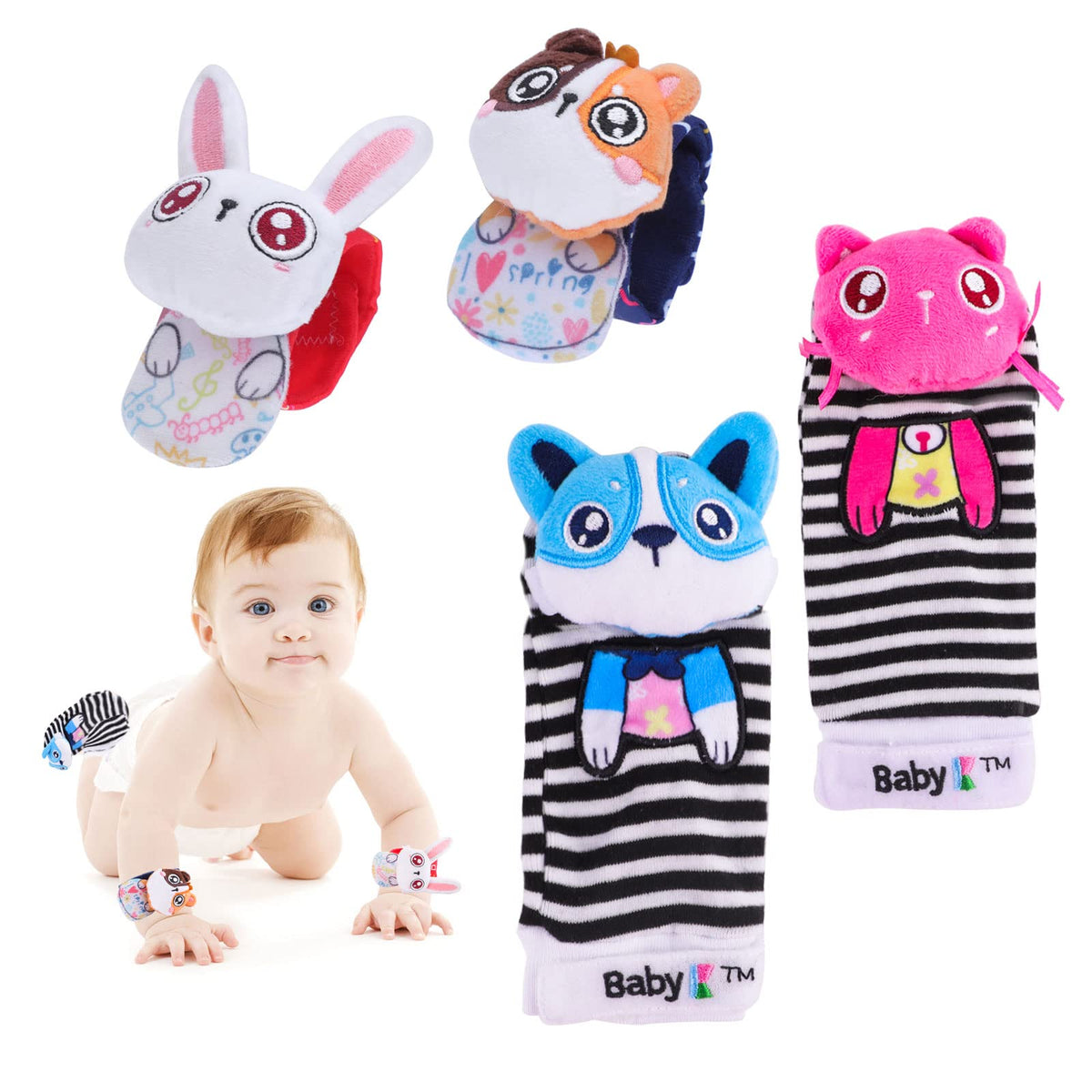 Baby Rattle Socks and Wrist Rattle Toys, 4Pcs Soft Newborn Sensory Toys for Babies 0-6 Months, White and Black Baby Wrist and Ankle Rattles Foot Finder for Baby's Stimulation Growth Infant
