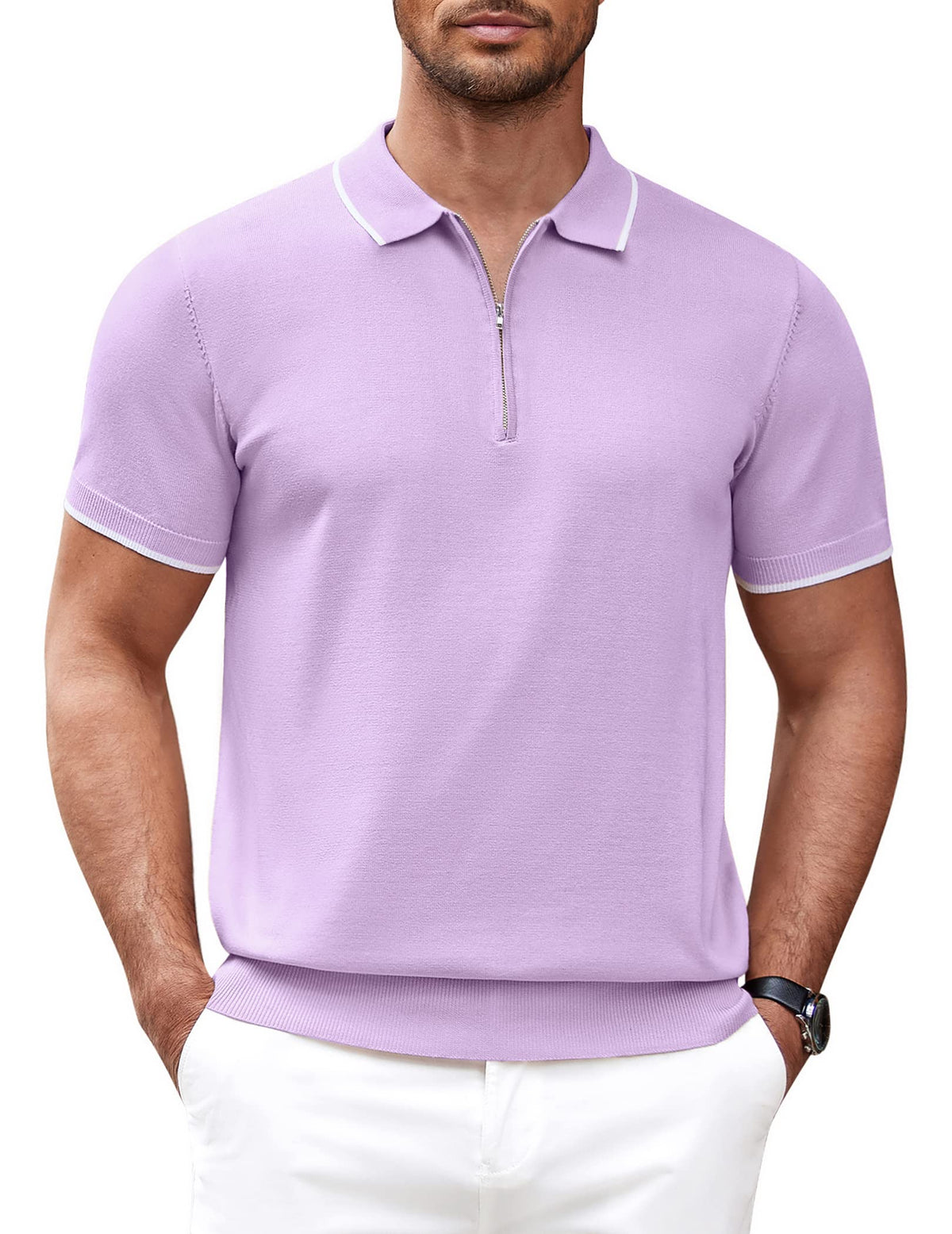 COOFANDY Men's Quarter Zip Polo Shirts Short Sleeve Vintage Striped Lightweight Knitting Golf Shirts Workout T Shirts Classic fit Light Purple Medium