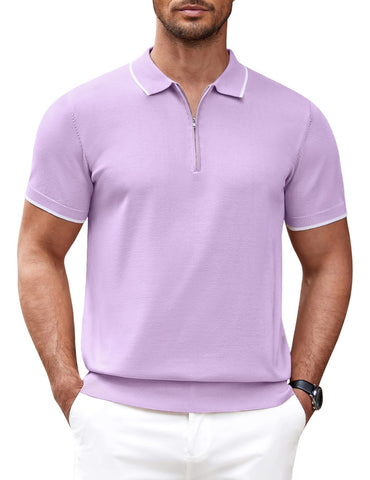 COOFANDY Men's Quarter Zip Polo Shirts Short Sleeve Vintage Striped Lightweight Knitting Golf Shirts Workout T Shirts Classic fit Light Purple Medium