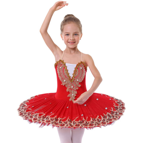 IBAKOM Girls Ballet Dance Dress Swan Lake Sling Strap Lace Pearl Embroidery Camisole Gymnastic Leotard Tutu Costume Figure Skating Dancewear Ballerina Outfit Red 9-10 Years