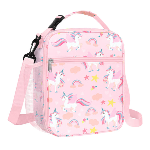 Clastyle Pink Unicorns Insulated Lunch Bag for Kids, Portable Large Thermal Cooler Lunch Bag for Girls, School Lunch Box Bag with Bottle Holder