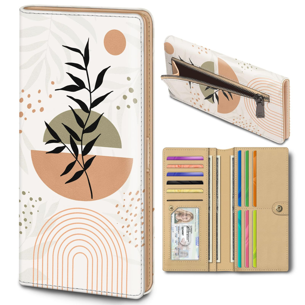 Immaturus Womens Wallet, Abstract Art Leaf Slim Thin RFID Blocking Credit Card Wallets, Long Bifold PU Leather Card Holder Organizer, Cash Clutch Billfold with Zipper Coin Pocket Ladies Girls Gift